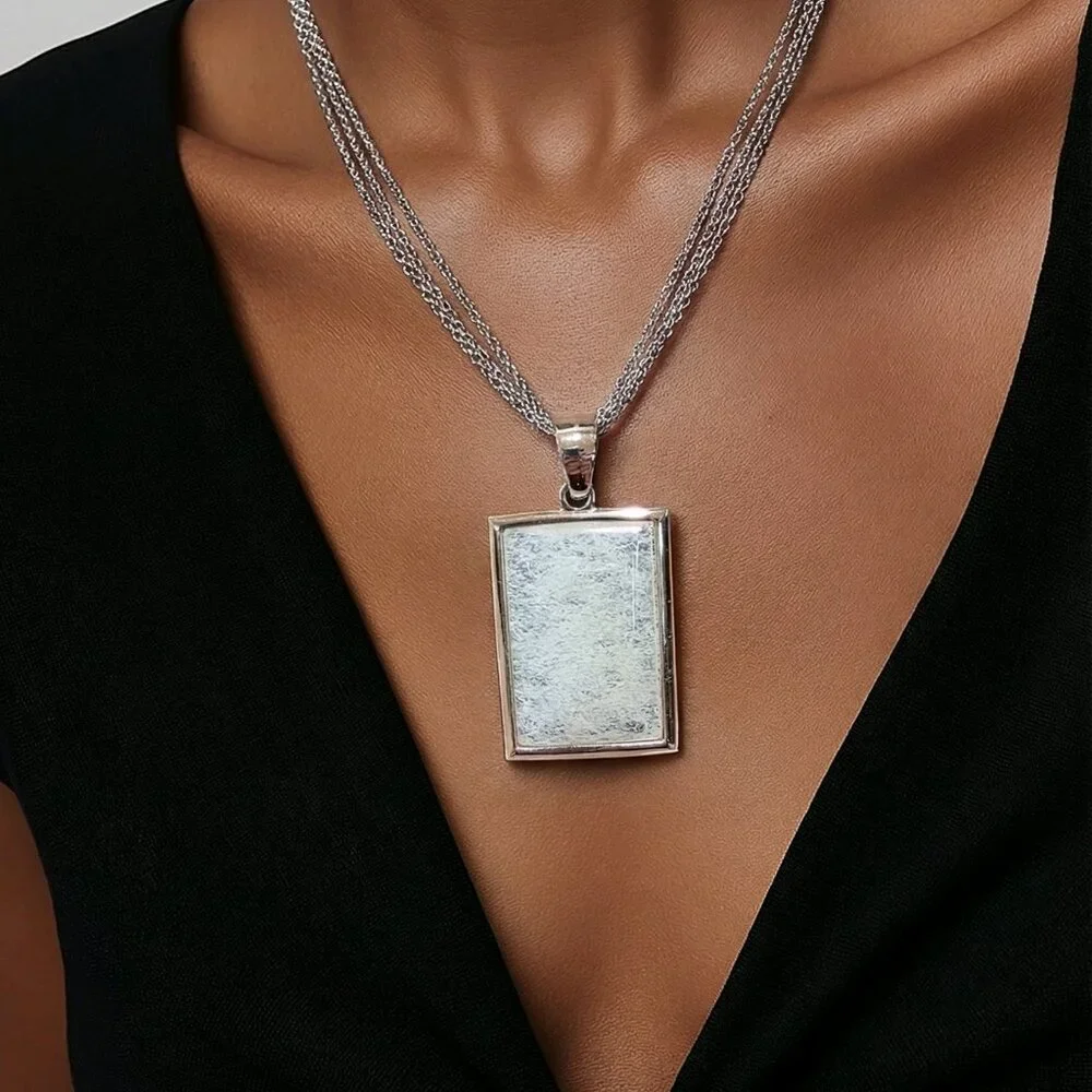 Vintage Transluscent Rectangle Silver Frame Triple Chain Necklace Near Mint